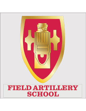 Field Artillery School emblem featuring a red shield with gold piston and cross symbols, and bold text below.