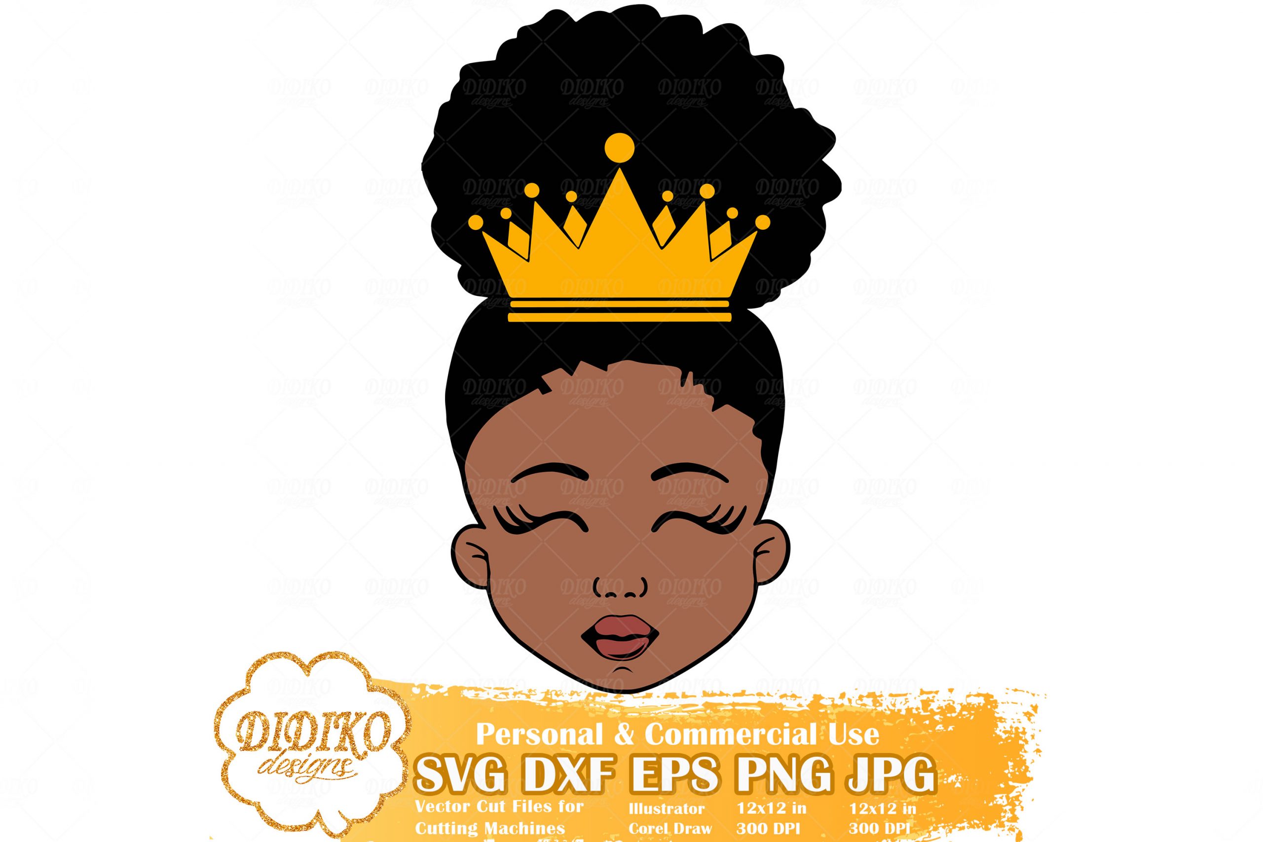 Black girl with afro hair wearing a golden crown, eyes closed, smiling peacefully.