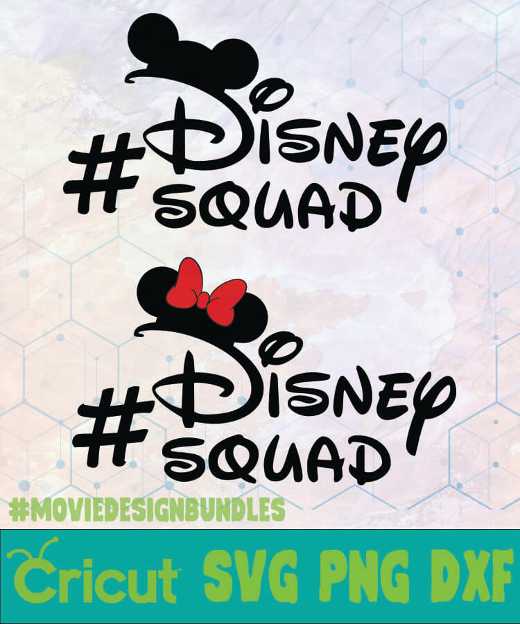 Disney Squad SVG design with Mickey and Minnie silhouettes, hashtag text, and Cricut file format labels.