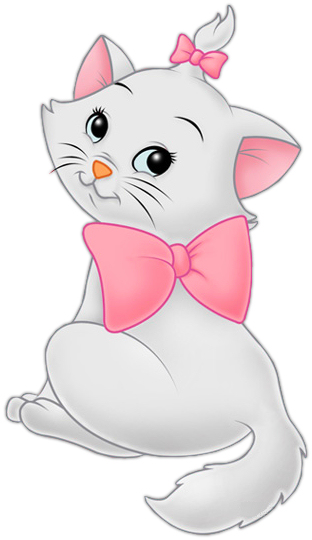 A cute white cartoon kitten with pink bow tie and hair bow, sitting and looking upward.