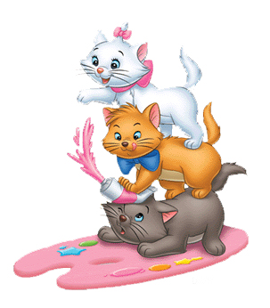 Three Disney Aristocats-Marie, Toulouse, and Berlioz-playfully stacked on a pink paint palette with brushes and colors.