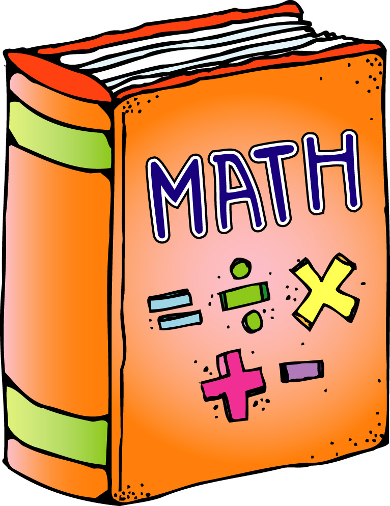 Colorful cartoon math textbook with bold "MATH" title and arithmetic symbols on orange cover.
