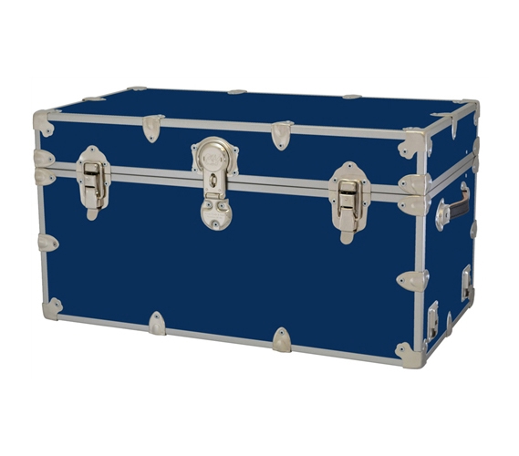 Navy blue vintage-style trunk with silver metal latches, corners, and trim, ideal for storage or decor.