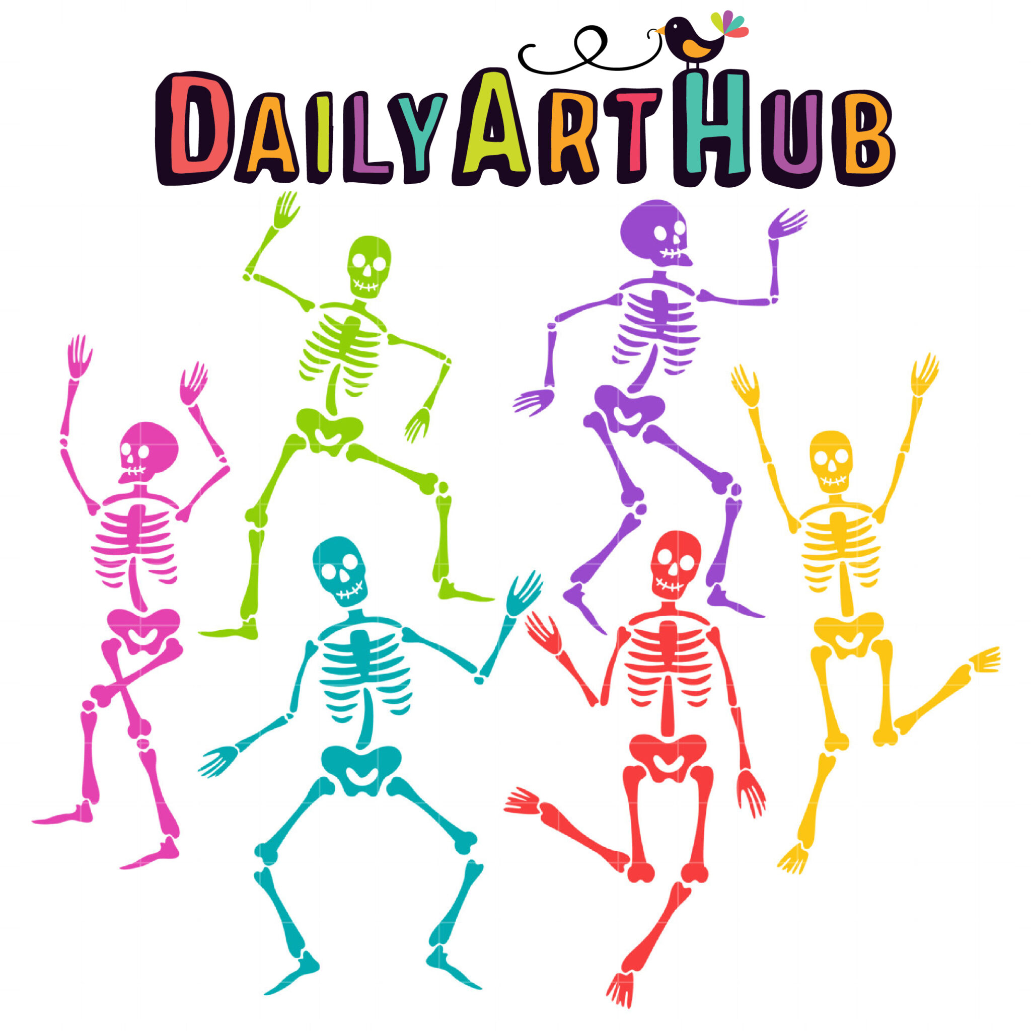 Colorful dancing skeletons in pink, green, purple, teal, red, and yellow beneath the "DailyArtHub" logo with a bird perched on top.