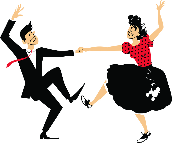 Vintage-style cartoon of a joyful 1950s couple dancing rockabilly, man in black suit with red tie, woman in polka-dot top and poodle skirt.