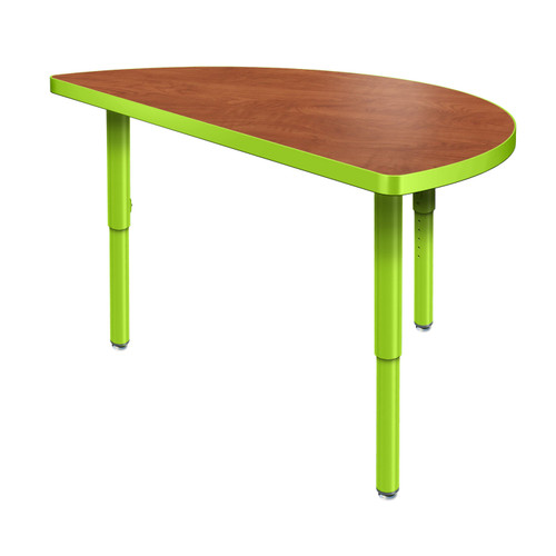 Modern teardrop-shaped activity table with wood laminate top and bright green adjustable legs.