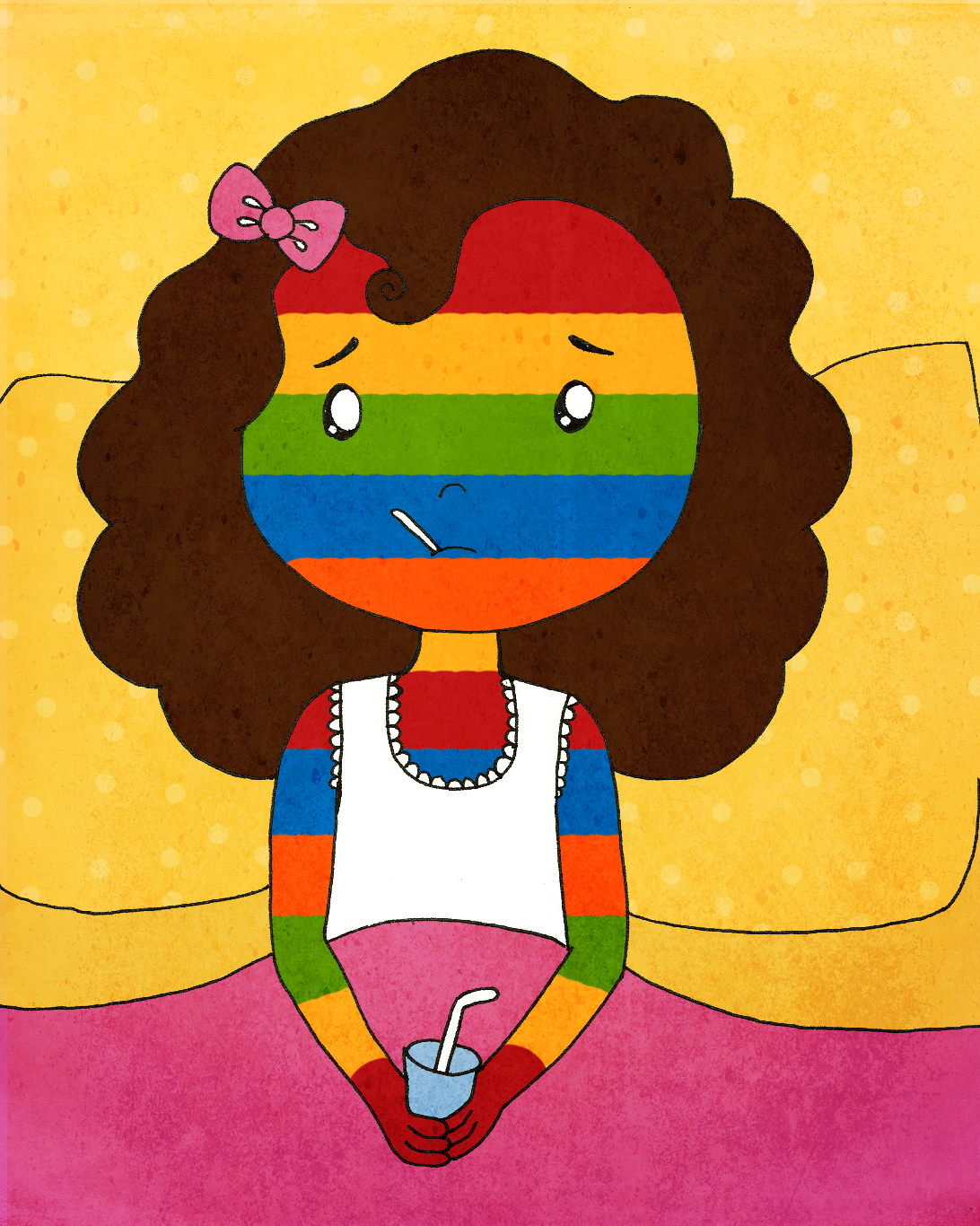 A cartoon girl with rainbow-striped face and arms, curly brown hair, pink bow, holding a drink with straw, looking unwell.