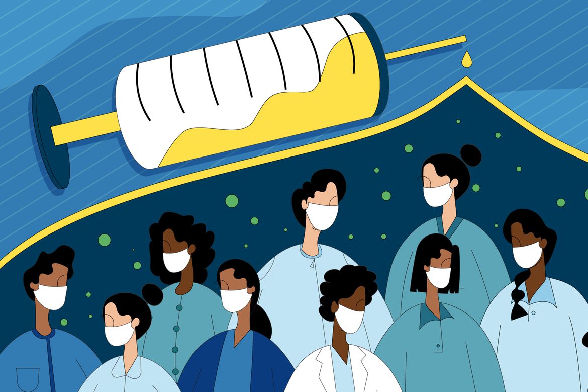Diverse group of healthcare workers wearing masks under a large syringe symbolizing vaccination and public health.