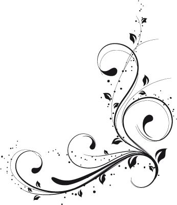Elegant black-and-white floral swirl design with leaves and dots in corner layout.