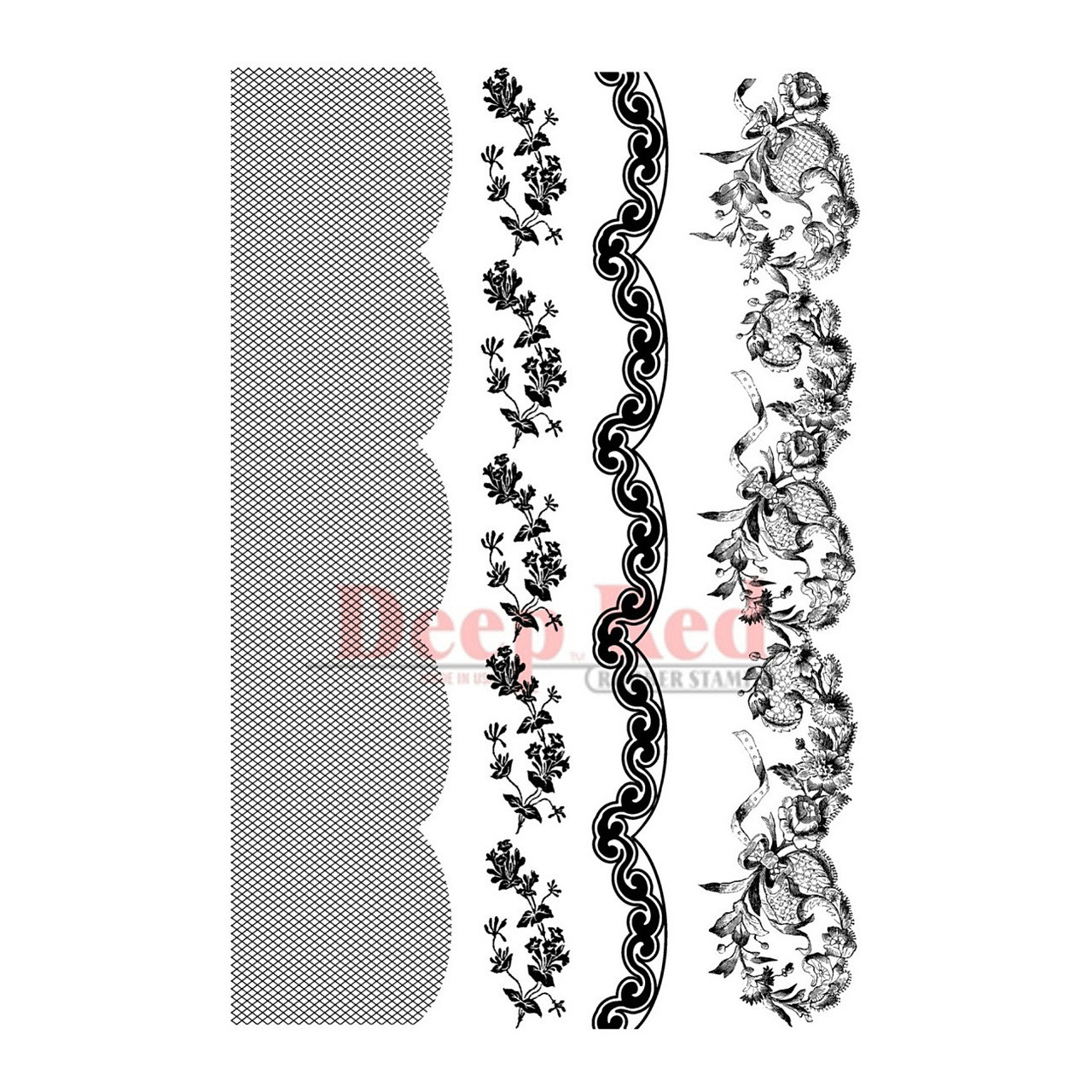 Four decorative border stamps: lace mesh, floral vine, scrollwork, and ornate botanical ribbon designs in black and white.
