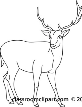 Line drawing of a standing stag with prominent antlers, facing slightly left, in simple black-and-white outline style.