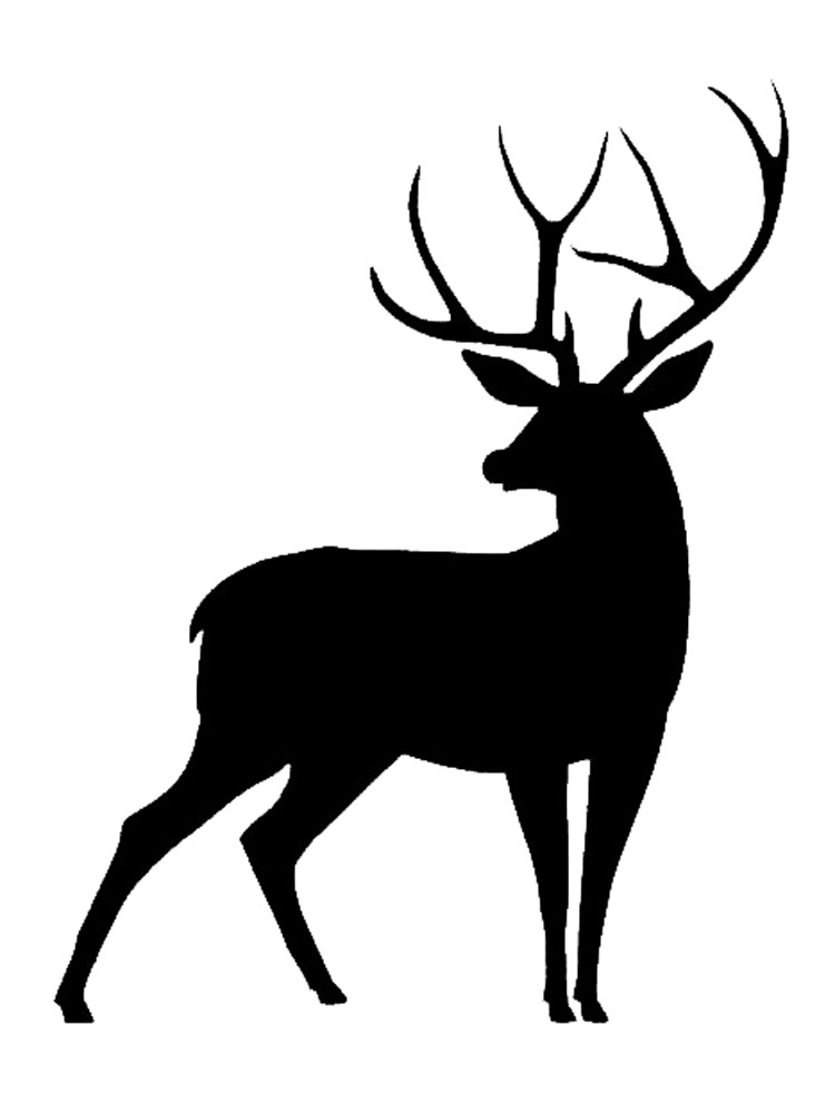 Black silhouette of a standing buck with large antlers, side profile on white background.