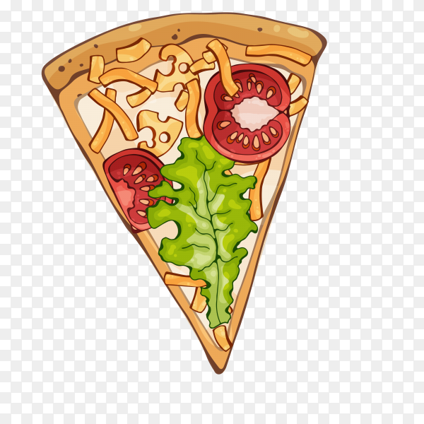 A cartoon-style slice of pizza topped with cheese, tomato slices, and fresh lettuce on a transparent background.