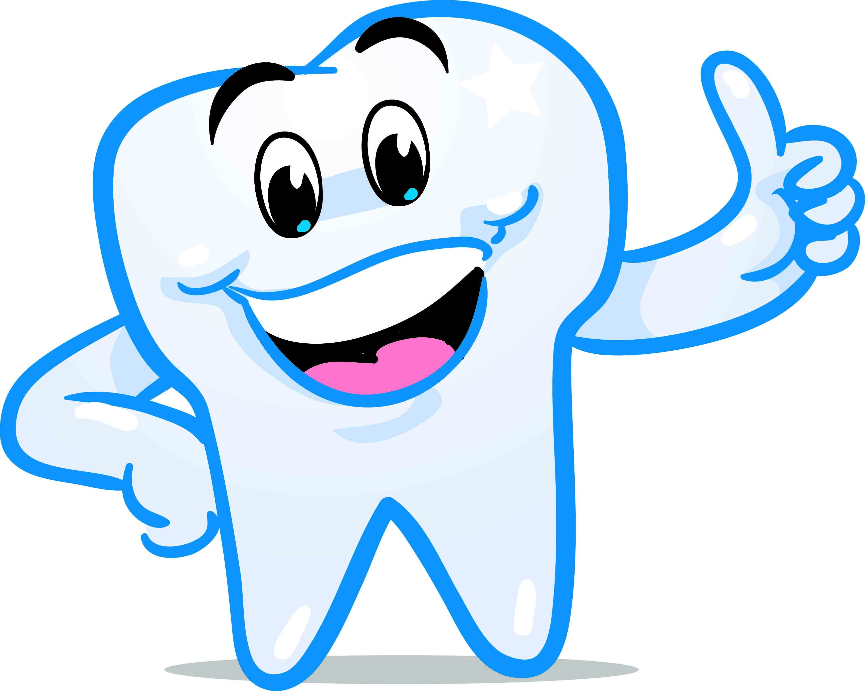 Cheerful cartoon tooth character giving a thumbs-up with bright smile and star on cheek.