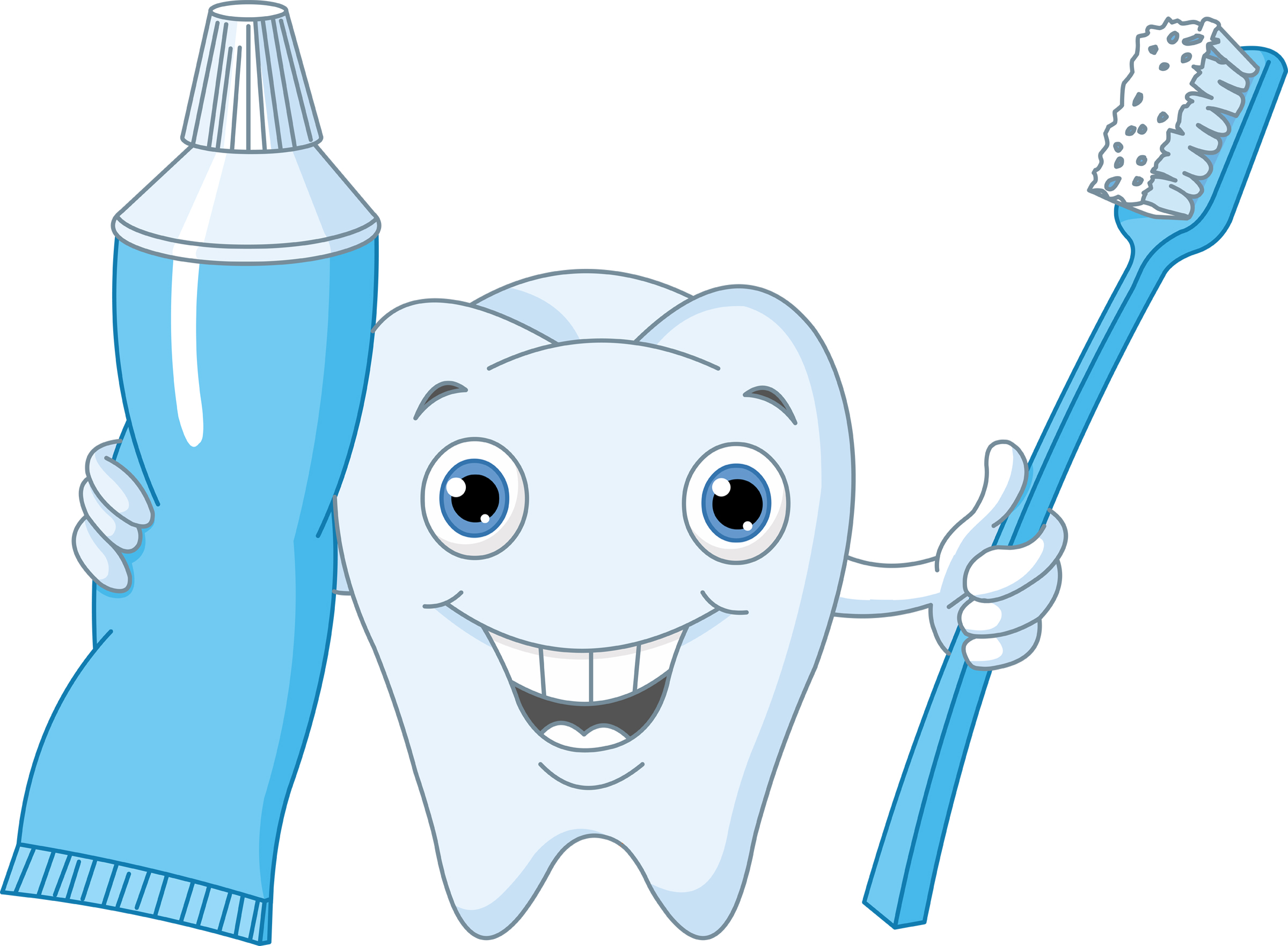 Smiling cartoon tooth holding a blue toothbrush and tube of toothpaste.