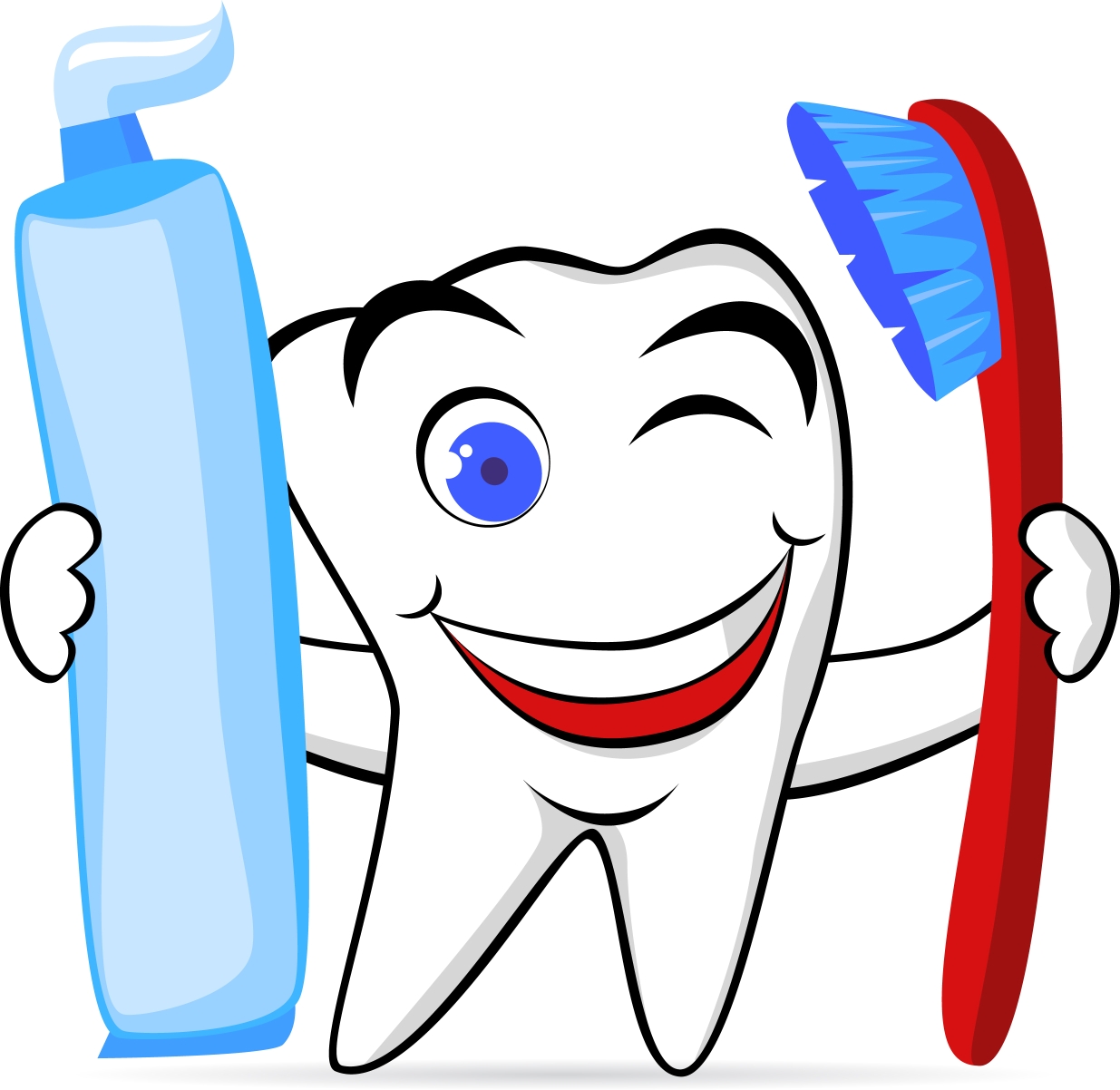 Cheerful cartoon tooth holding toothpaste and a red toothbrush, winking with a big smile.