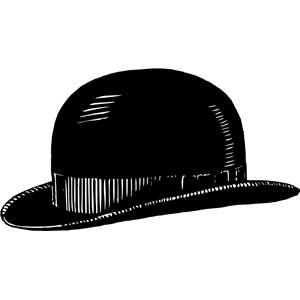 Classic black bowler hat with a striped band, illustrated in bold line art.
