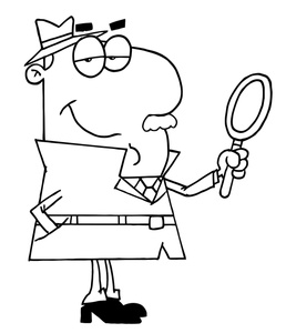Cartoon detective wearing a trench coat and fedora, holding a magnifying glass and smiling confidently.