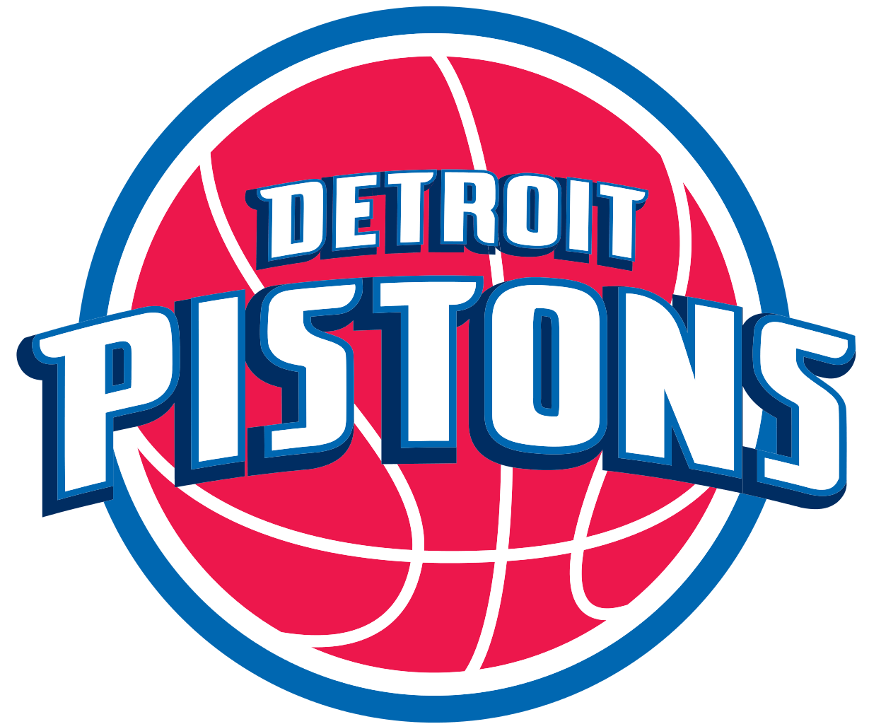 Detroit Pistons logo featuring bold white text over a red basketball with blue border.