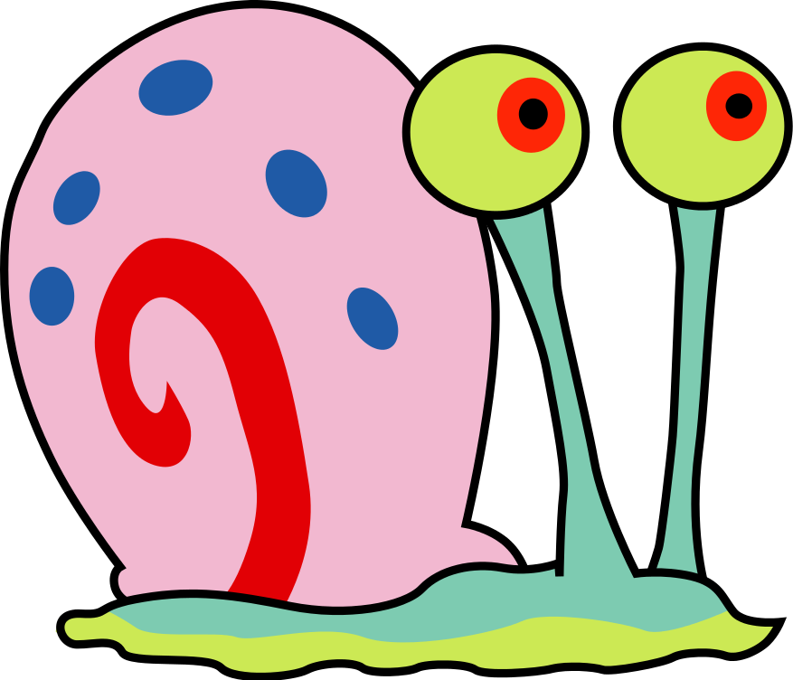 A cartoon pink snail with blue spots, large green eyes on stalks, and a red spiral shell detail, shown against a black background.