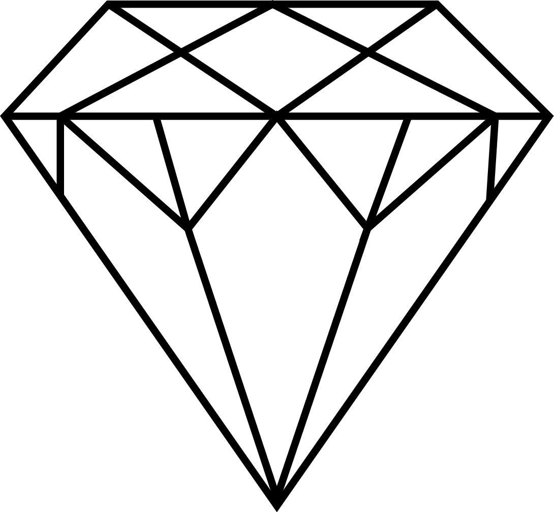 Line drawing of a classic faceted diamond with geometric symmetry and sharp edges.