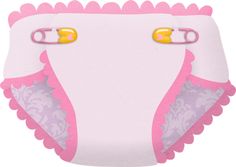 Pink baby diaper with lace trim, scalloped edges, and yellow safety pins on a white background.