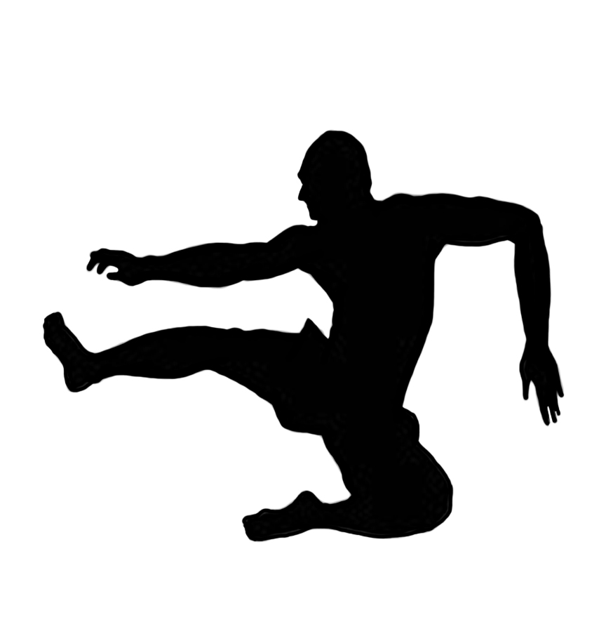 Silhouette of a person performing a dynamic martial arts kick in mid-motion, low stance, arms extended for balance.