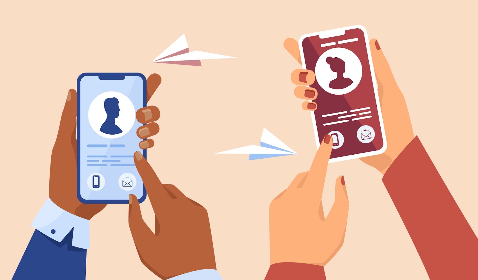 Two people exchanging digital contact cards via smartphones with paper airplanes symbolizing communication.