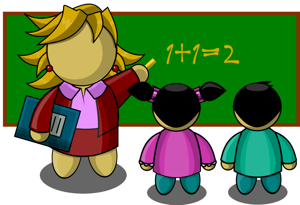 A cartoon teacher points to "1+1=2" on a green chalkboard while two students watch attentively.