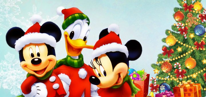Mickey, Minnie, and Donald in festive Christmas outfits beside a decorated tree with gifts and snowflakes.