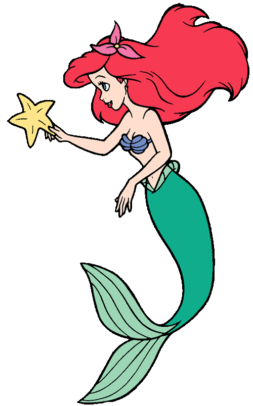 Ariel the Little Mermaid holding a yellow starfish, with red hair and green tail.