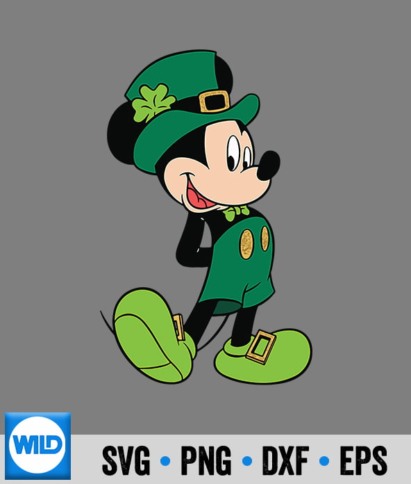 Mickey Mouse dressed as a leprechaun in green hat, outfit, and shoes with shamrock and gold buckles.