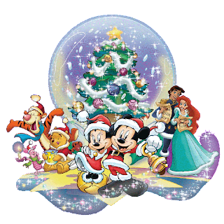 Disney characters in festive attire gather around a glowing snow globe with a decorated Christmas tree inside.