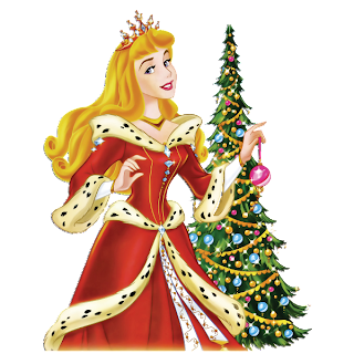 Disney Princess Aurora in red gown with fur trim, placing a pink ornament on a decorated Christmas tree.