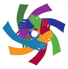Multicolored hands interlocking in a circular, dynamic pattern symbolizing unity and diversity.