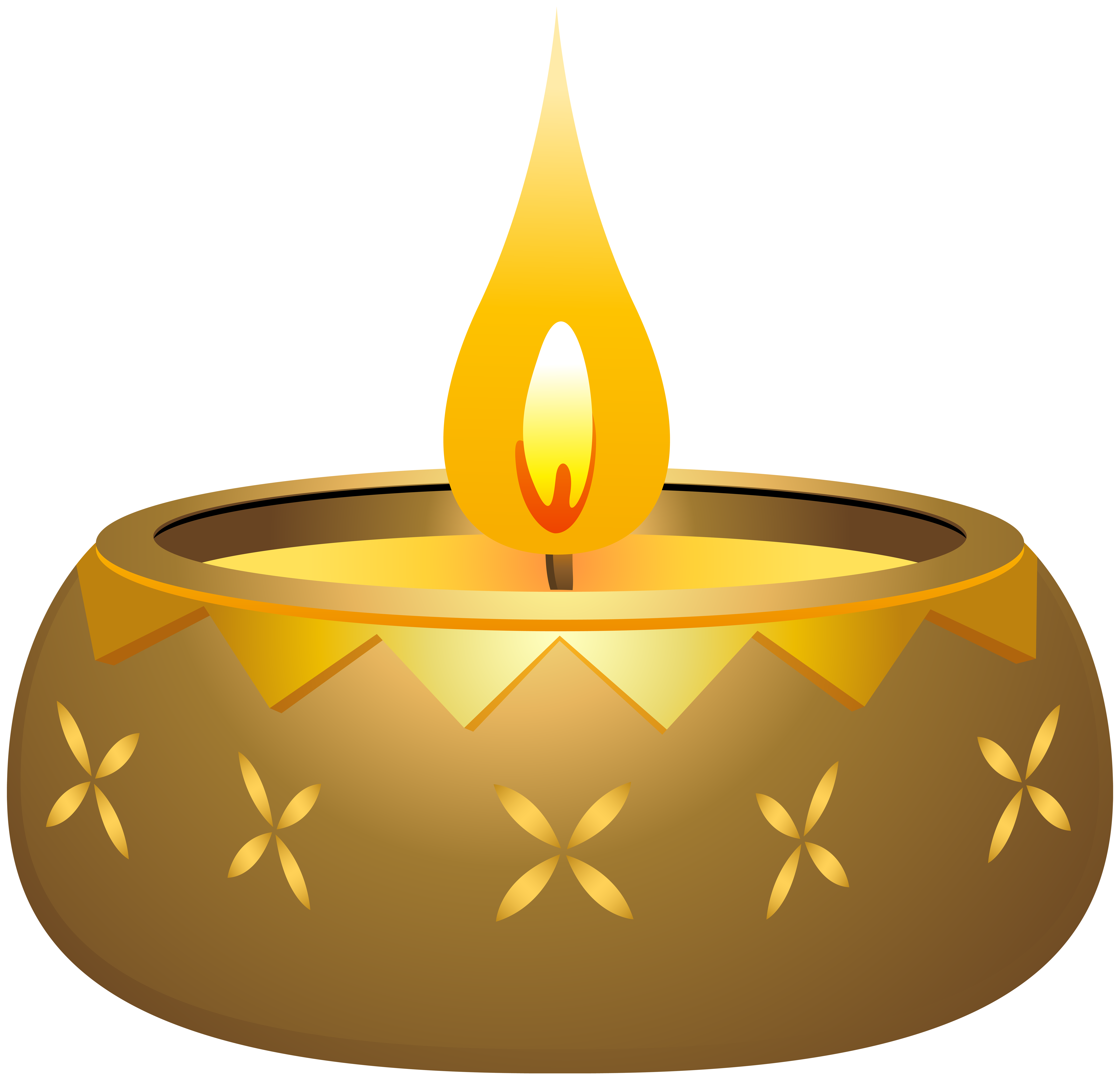 Golden candle in ornate bronze holder with floral motifs, glowing warmly against white background.