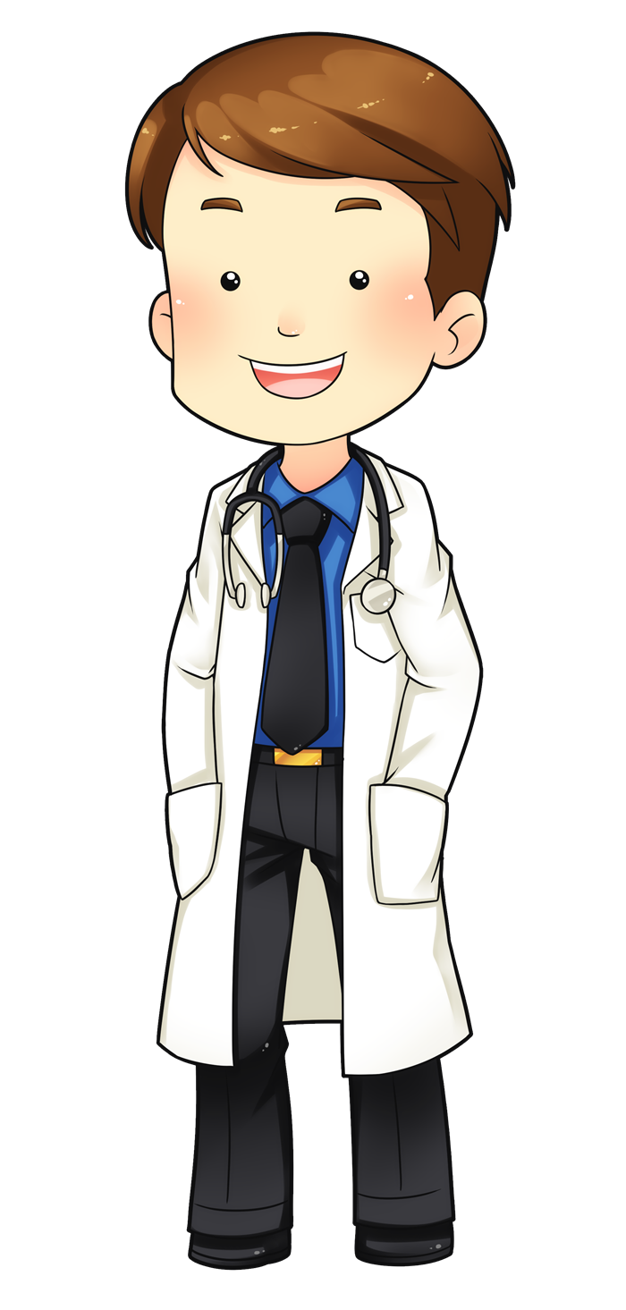 Friendly cartoon doctor in white coat with stethoscope, smiling warmly.