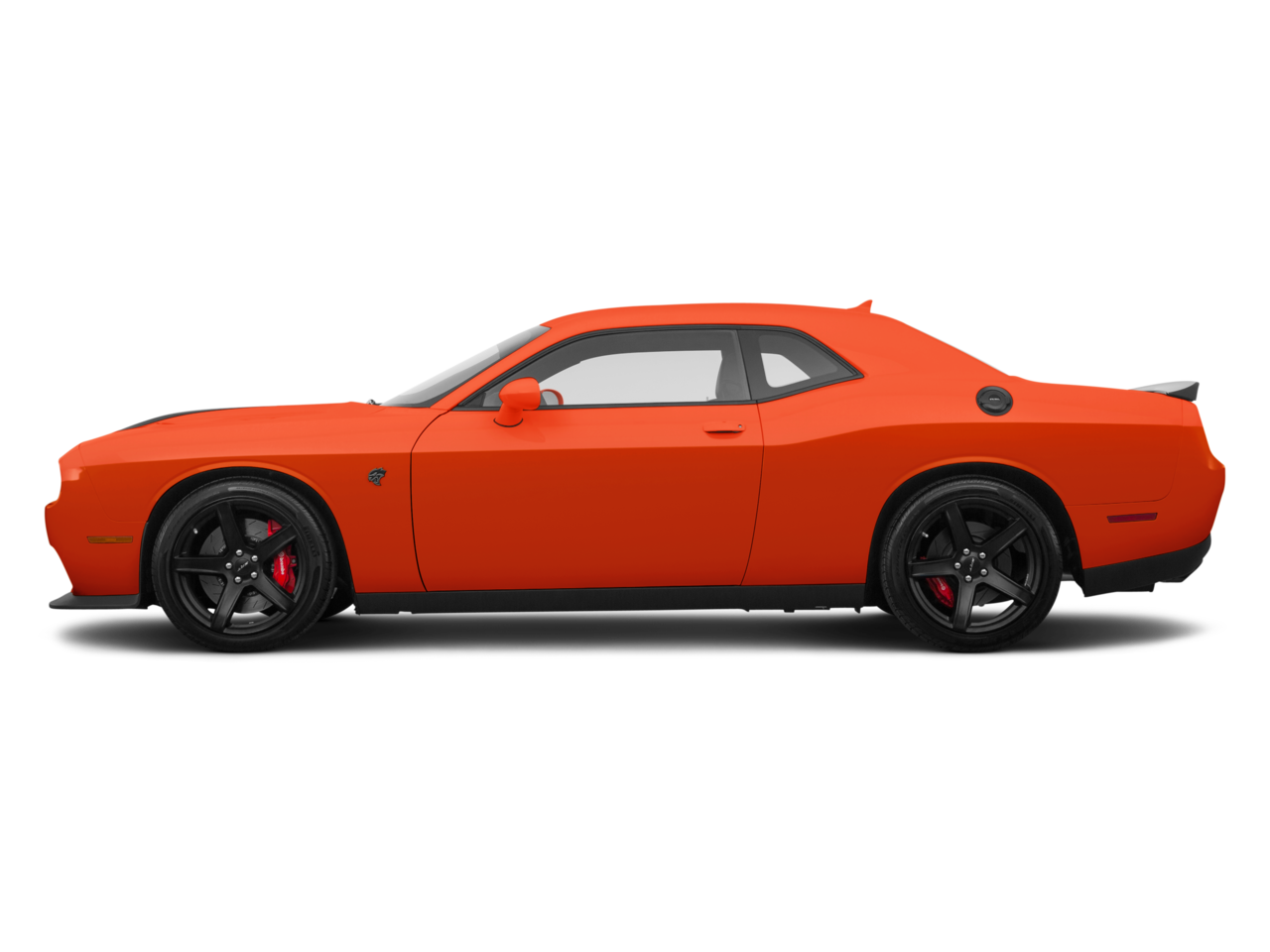 Vibrant orange Dodge Challenger with black wheels, red brake calipers, and sporty side profile on transparent background.