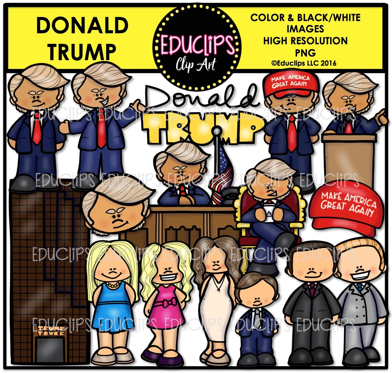 Cartoon clip art set of Donald Trump and family in various poses, including podium, desk, Trump Tower, and MAGA hat; color and B&W versions.