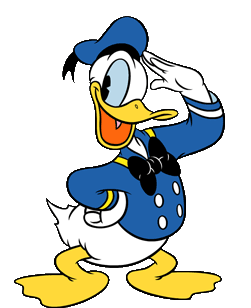 Donald Duck saluting in his classic blue sailor suit with black bow tie and yellow bill.