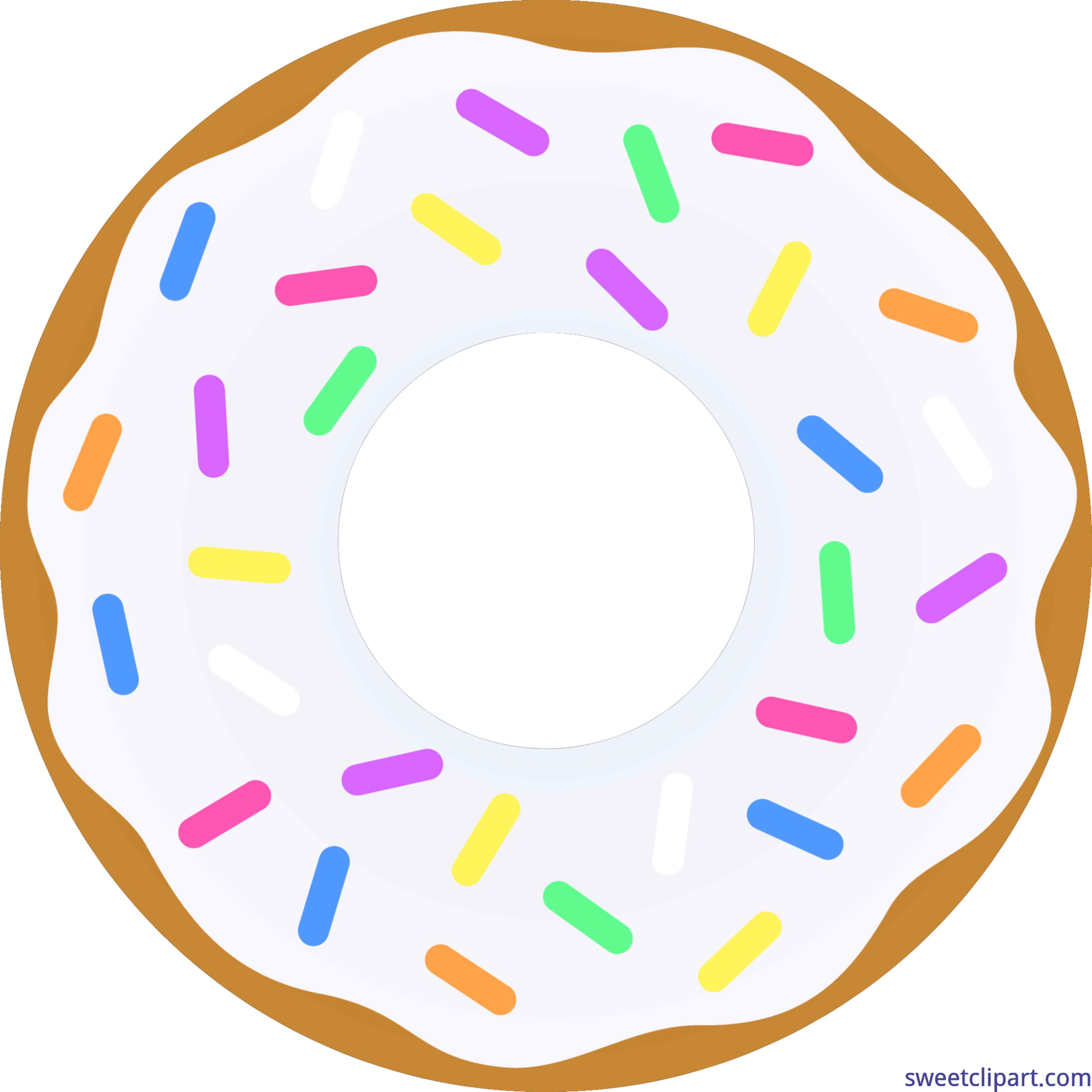 A cartoon-style donut with white icing and colorful sprinkles on a black background.