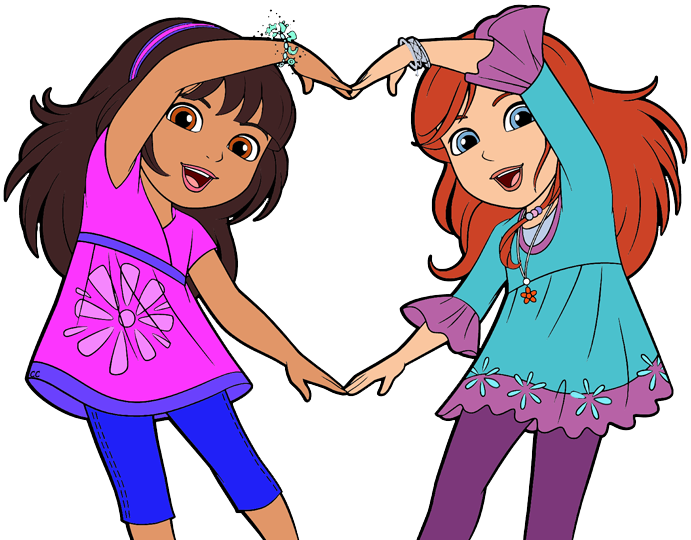 Two animated girls forming a heart shape with their hands, smiling joyfully.
