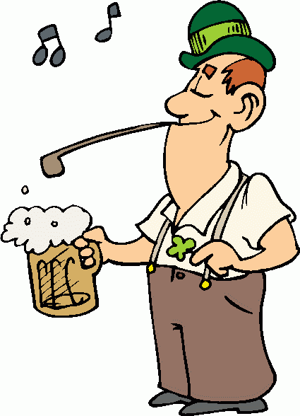 Cheerful man in green hat and lederhosen holding beer mug and smoking pipe, with musical notes floating above.