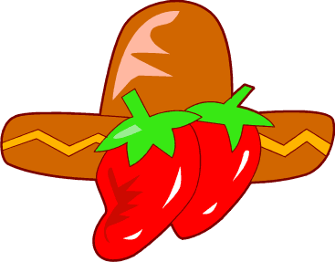 A cartoon-style sombrero with two red chili peppers and green stems in front of it.