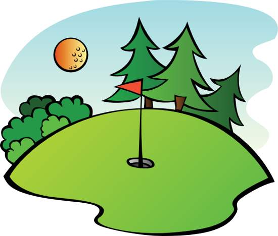 Cartoon-style golf green with red flag, pine trees, and sun in sky.
