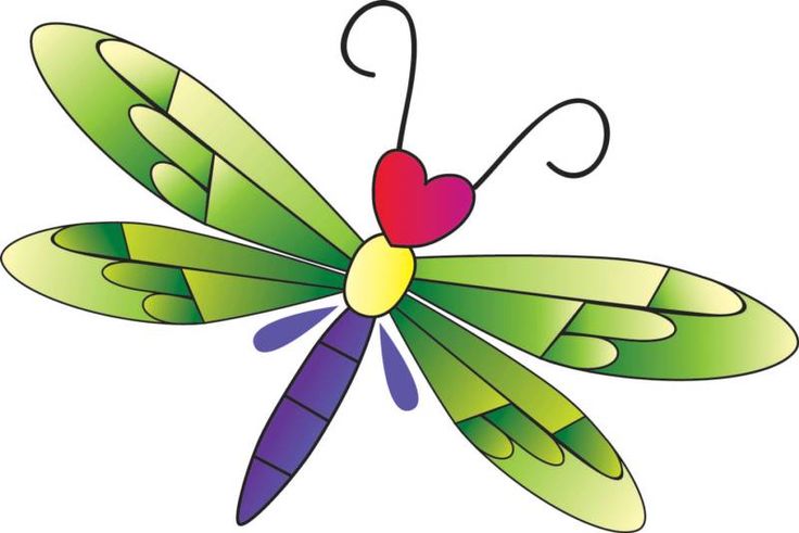 Colorful stylized dragonfly with green wings, purple body, yellow thorax, and red heart-shaped head.