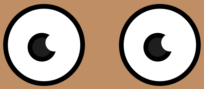 Two large cartoon eyes with black pupils and white sclera on a tan background, looking slightly left.