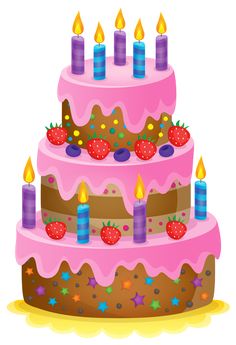 Three-tiered pink birthday cake with candles, berries, and colorful sprinkles.