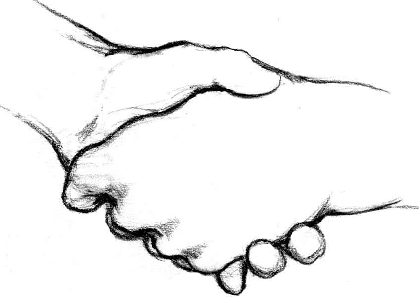 Sketch of two hands shaking, symbolizing agreement, partnership, or greeting in black-and-white line art.