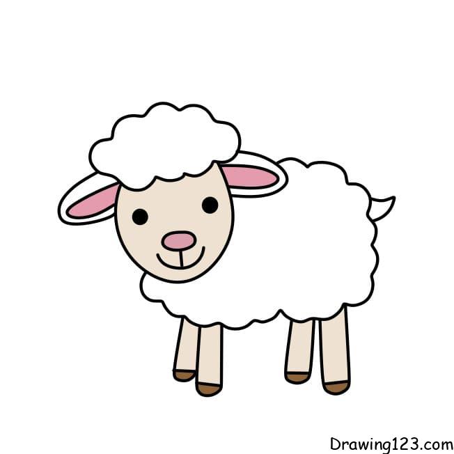 Cute cartoon sheep with fluffy white wool, pink ears, and a smiling face on a white background.